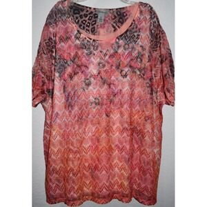 Liz and Me 4X Top Hawiian Tropical Mesh Overlay Embroidered Lined Short Sleeve